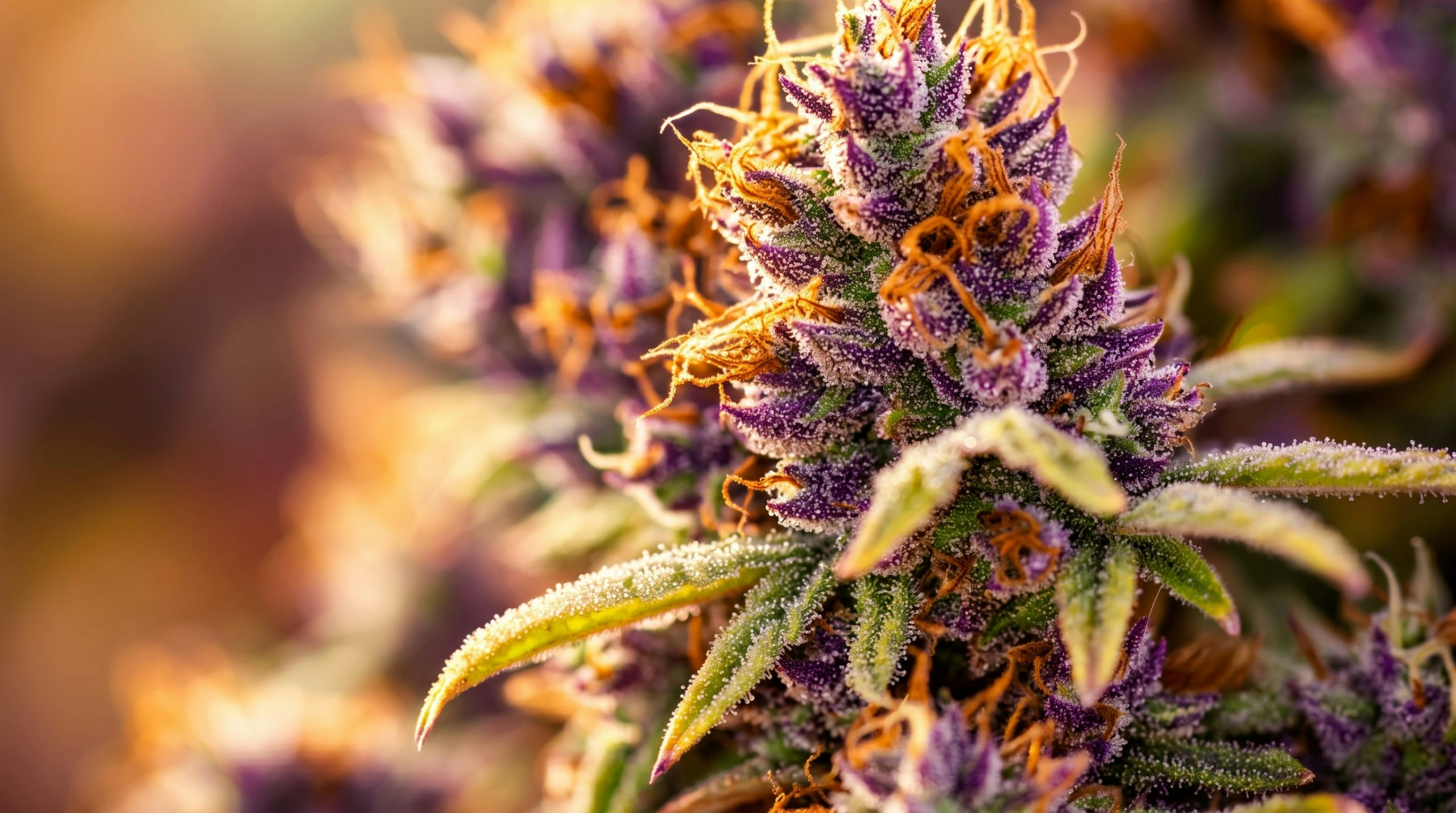 close-up of pruple and brown pistils ona cannabis bud