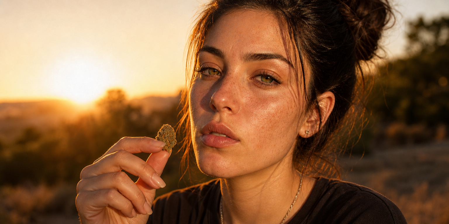 beautiful woman with green eyes holding a cannabis nug on her hand at golden hour