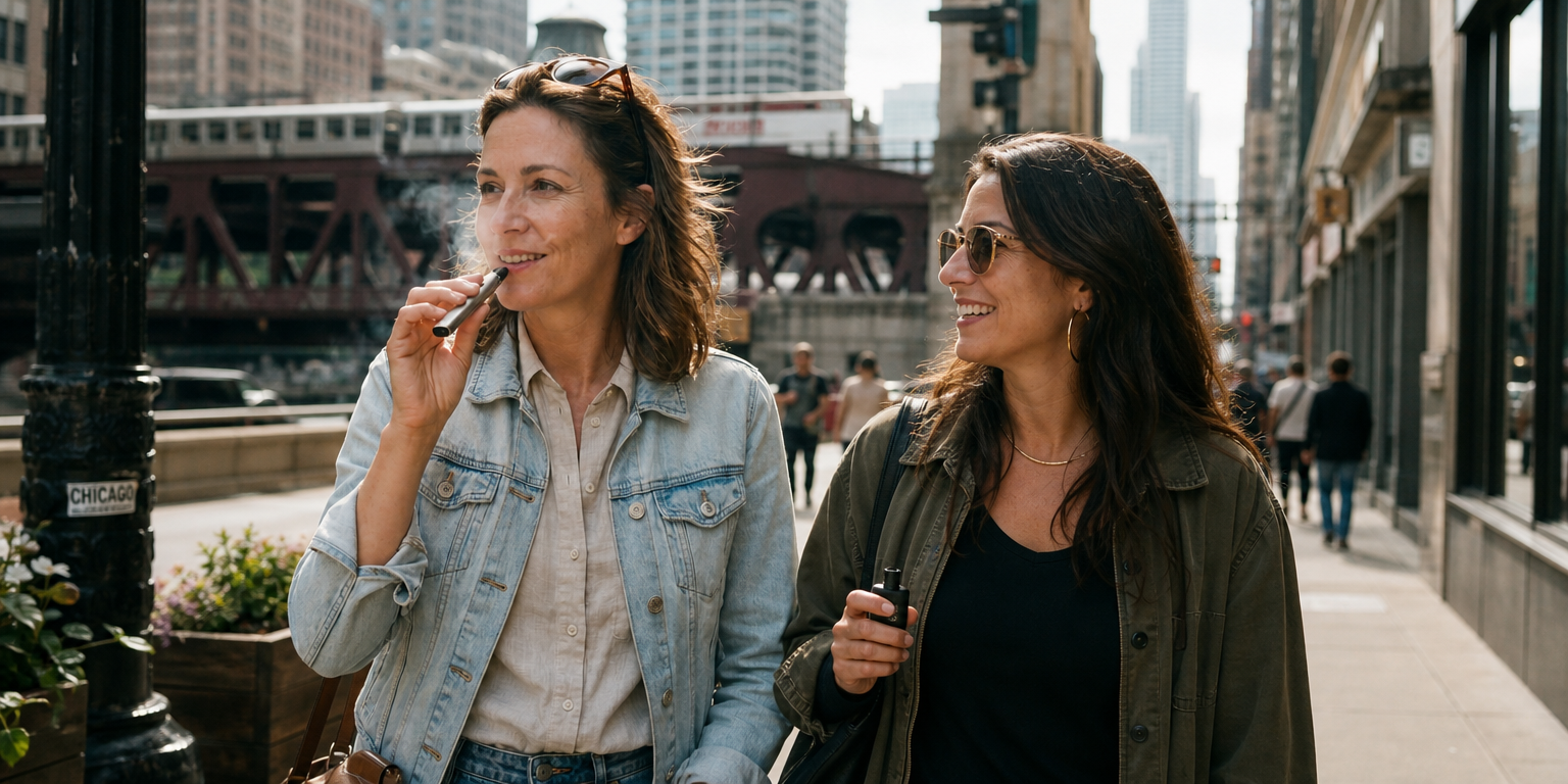 two friends walking down the street holding a vape in their hands