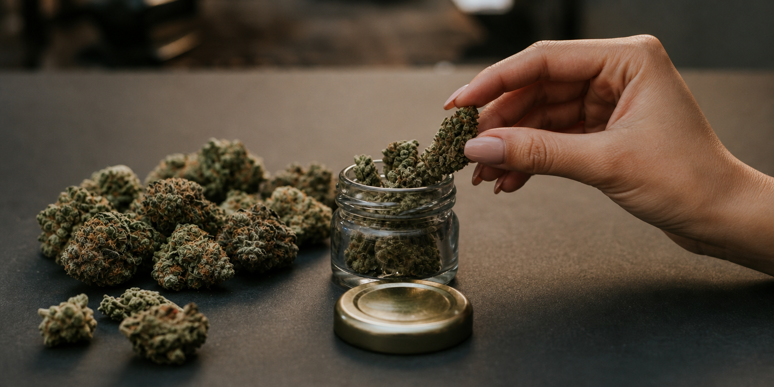 woman's hand grabbing a cannabis nug from a glass jar