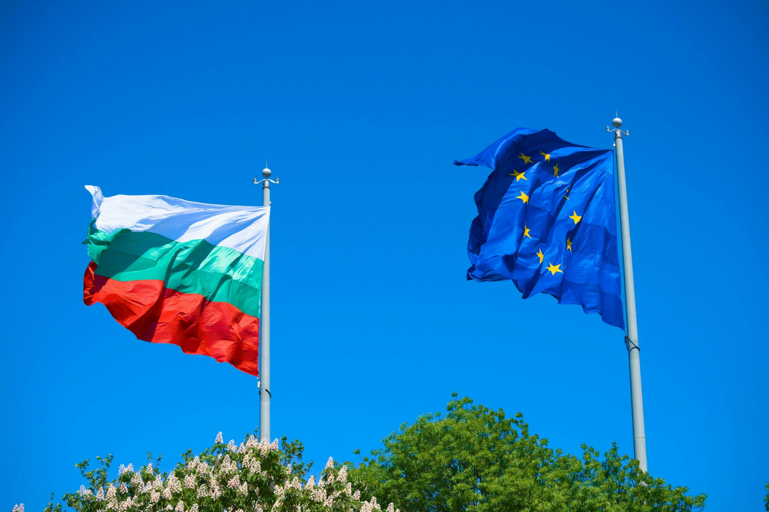 Bulgarian and European Union flags waving together
