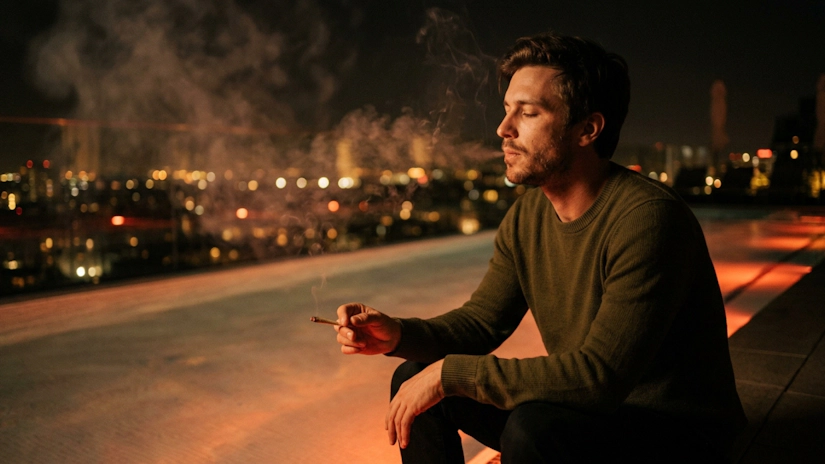 Man smoking joint by rooftop infinity pool with amber night lighting