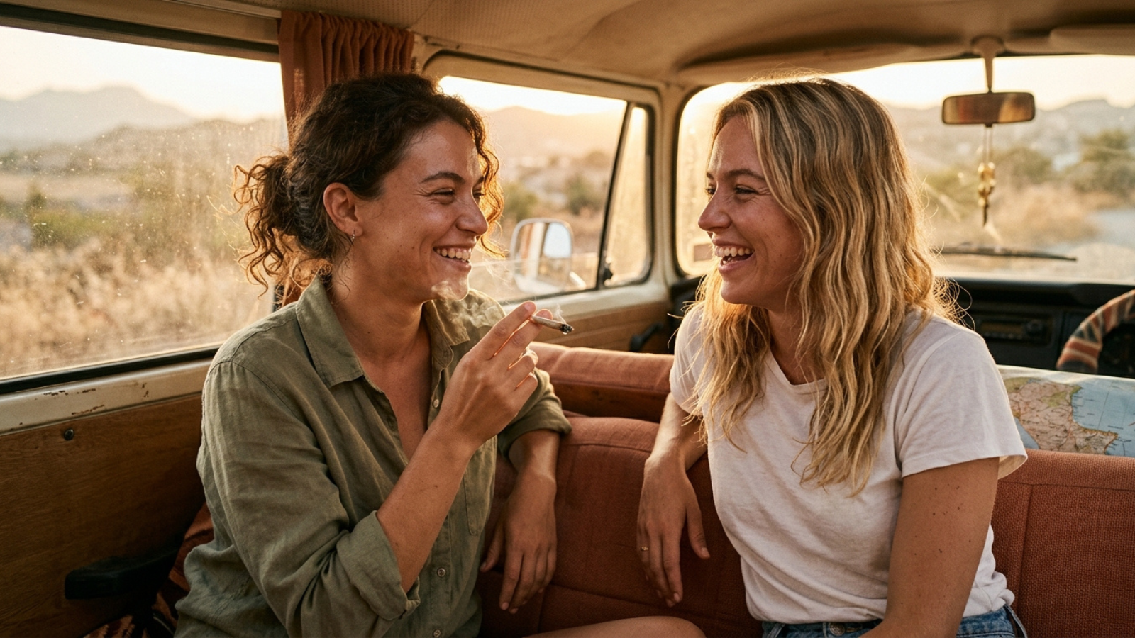 Friends sharing a joint during golden hour road trip in van