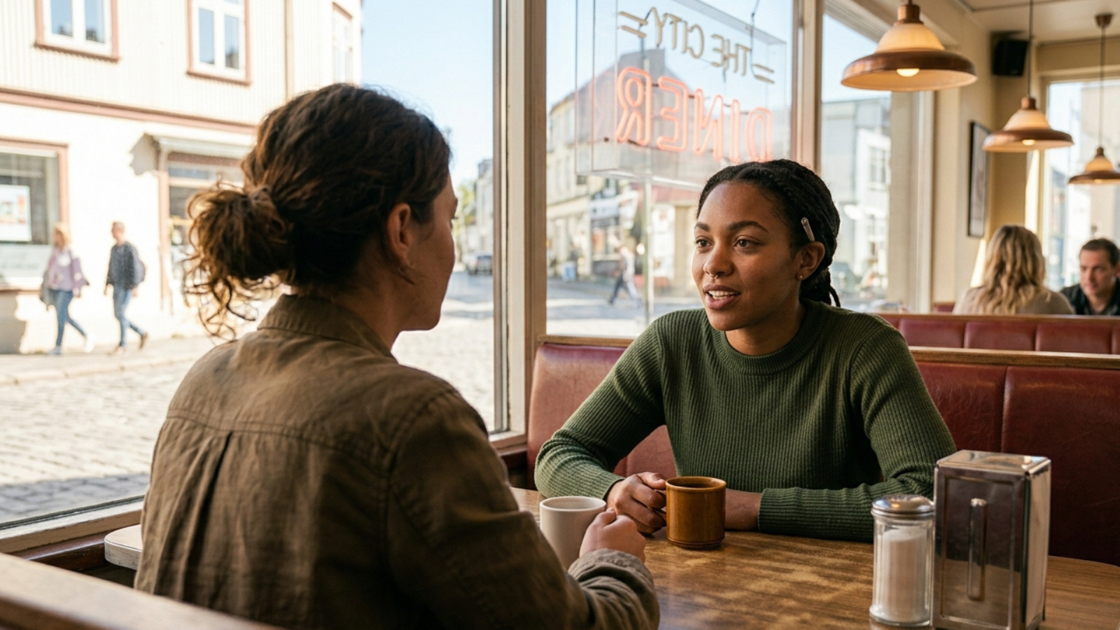 Woman with a joint behind her ear talking over coffee.