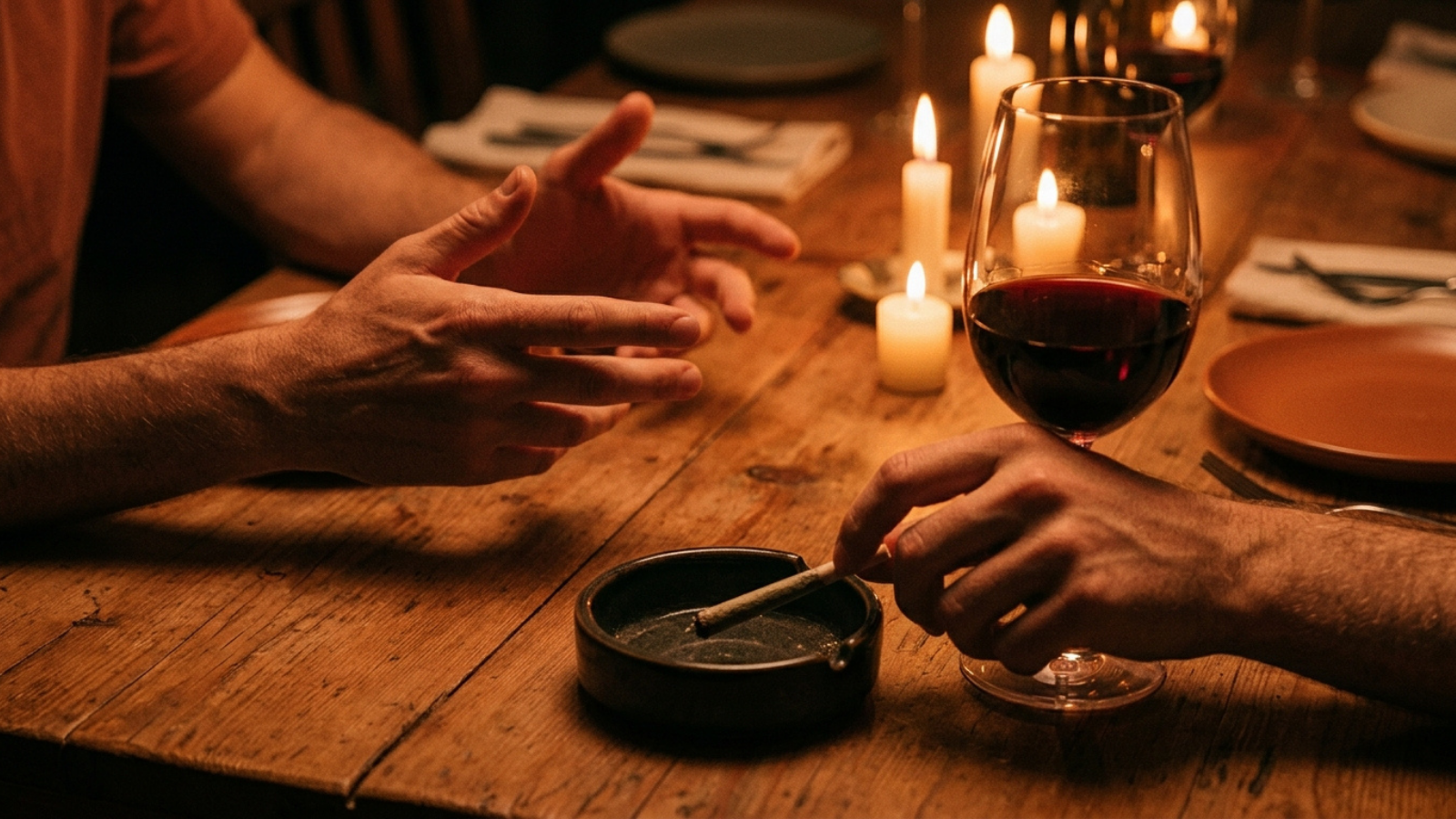 Close-up of hands, red wine glass, and joint in an ashtray.