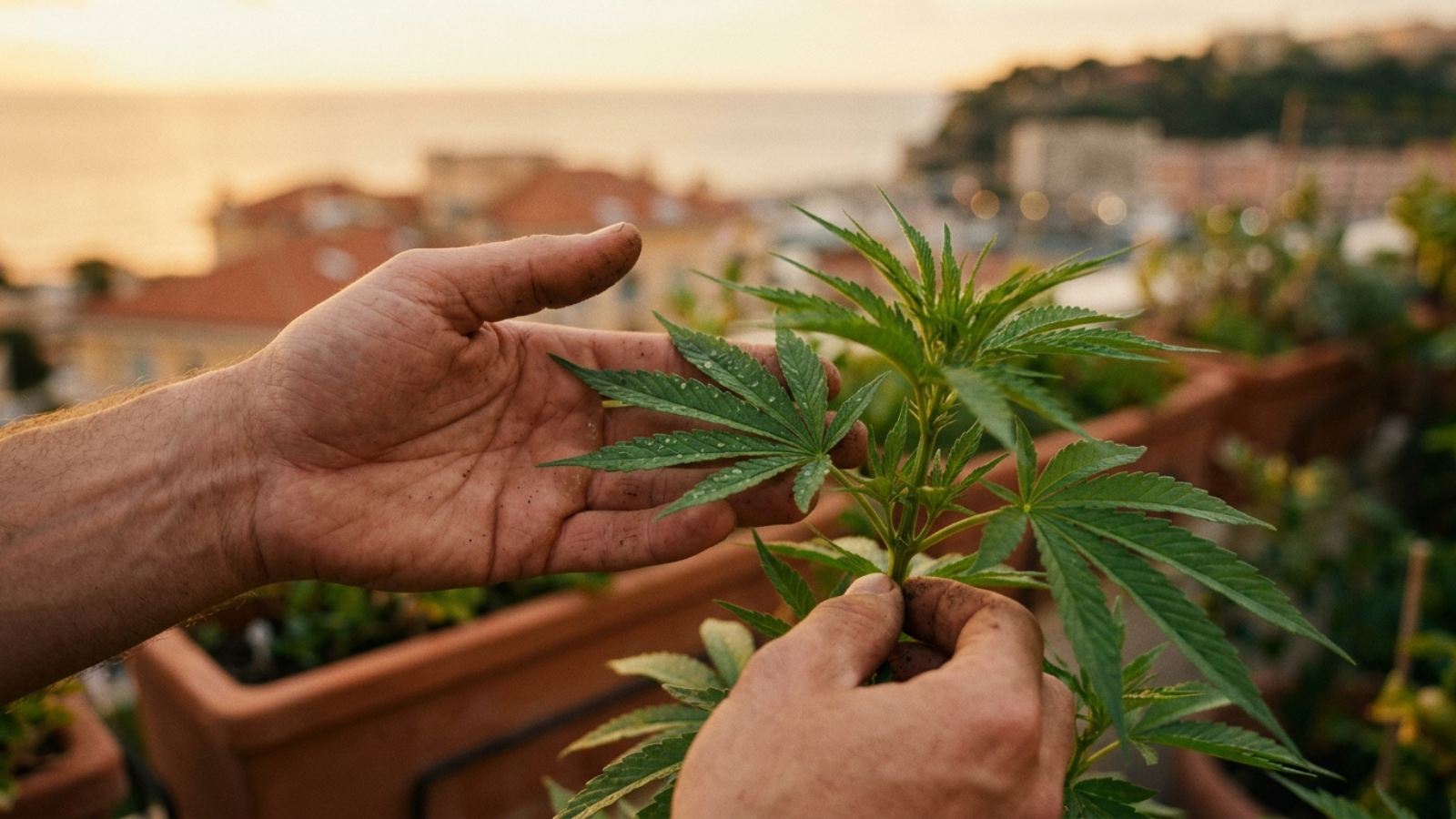 Cultivating cannabis on an apartment rooftop at sunset, warm and nurturing