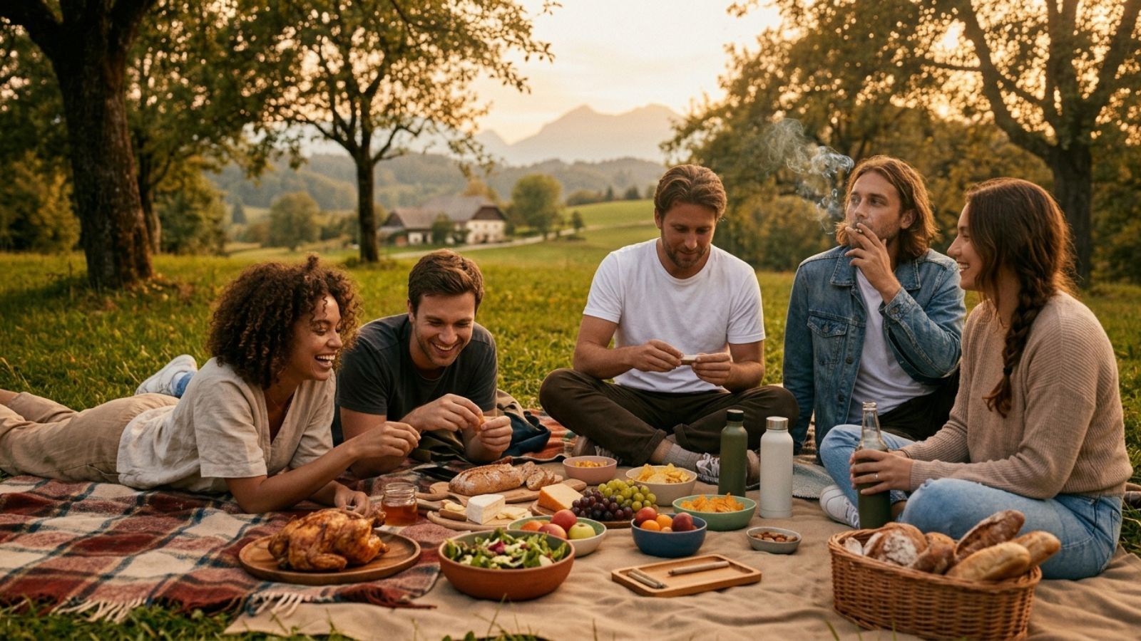 Group of friends enjoying a sunset park picnic with snacks.