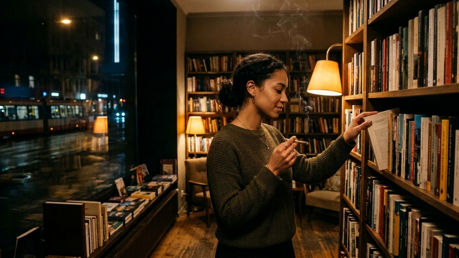 Woman holding a joint while browsing books in a cozy nighttime bookstore cafe.