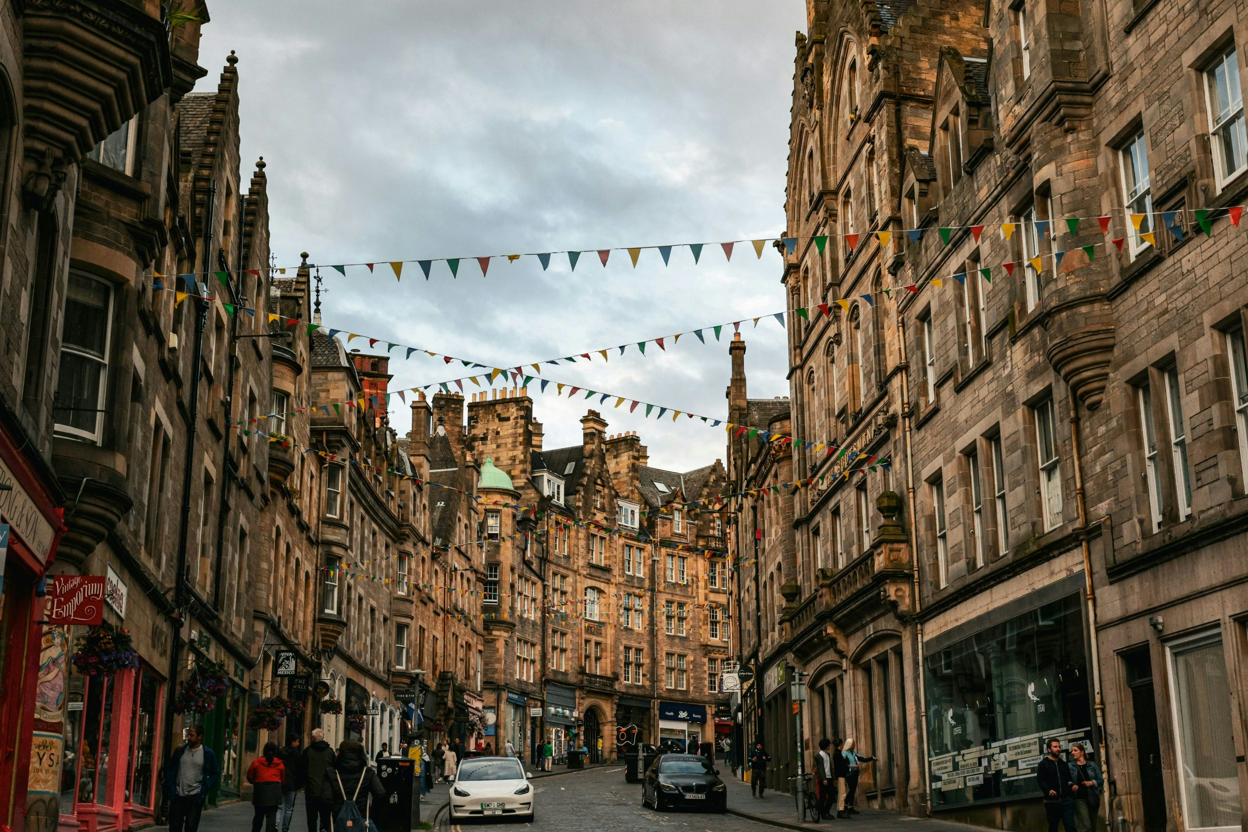 Traditional Edinburgh street decorated with colorful bunting