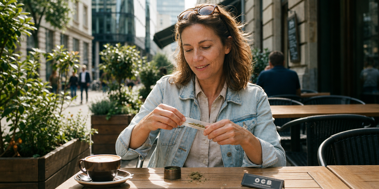 woman hand-rolling a joint in a public space