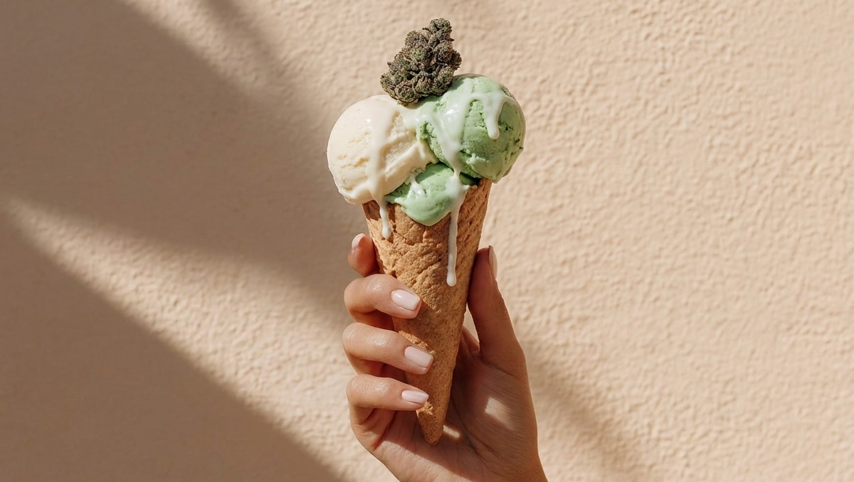 Hand holding a gelato ice cream topped with a cannabis bud