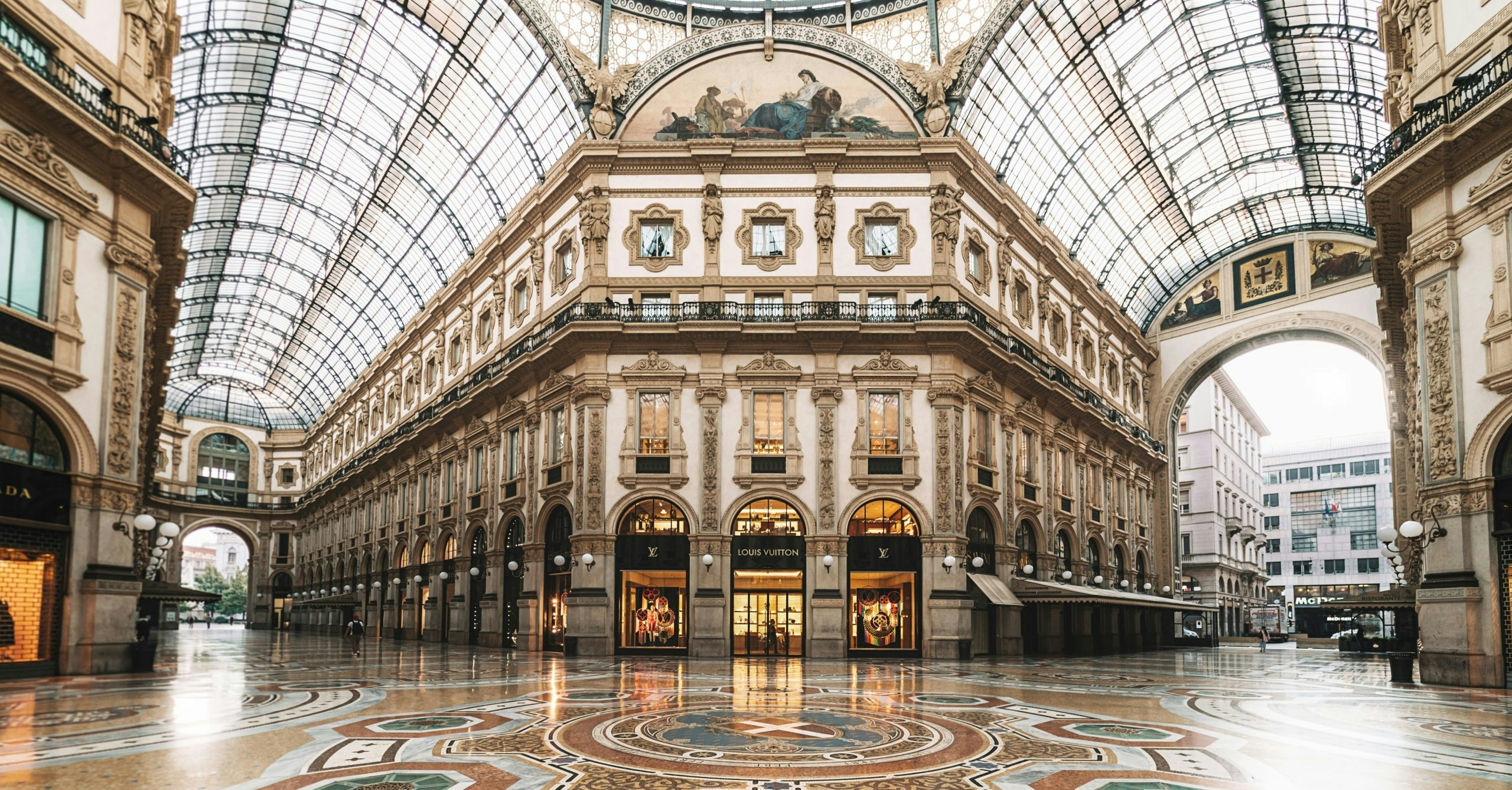 Grand architectural interior beside the Duomo in Milan, Italy.
