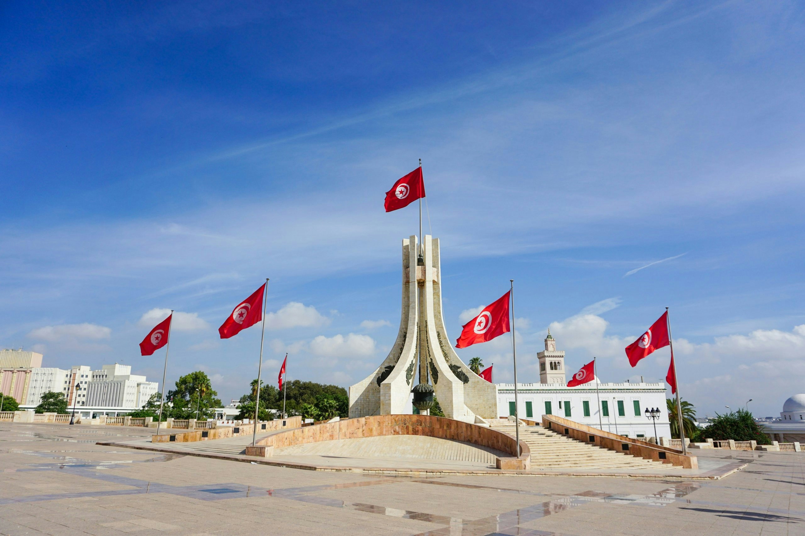 Tunisian plaza lined with flags