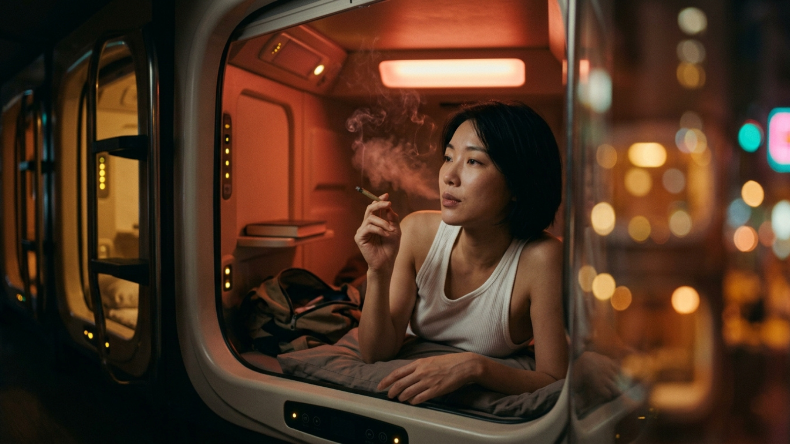 Woman relaxes inside a capsule hotel pod, smoking a joint.