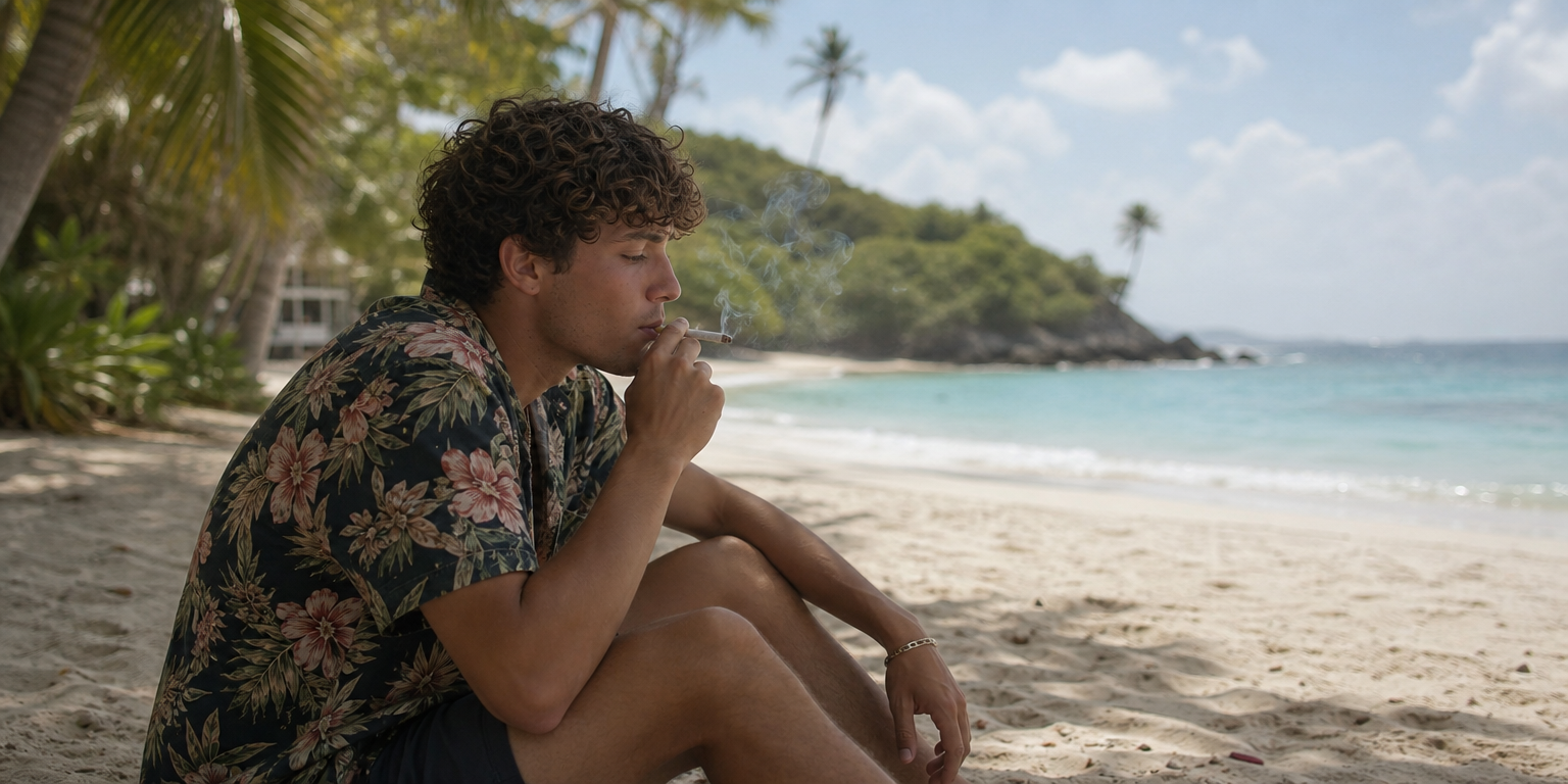 Man smoking a joint while sitting on a beach