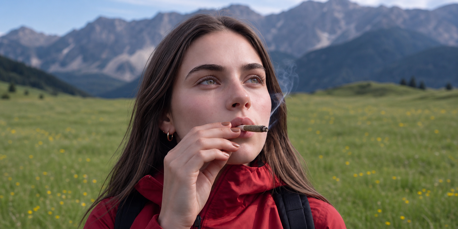 woman smoking a joint while hiking