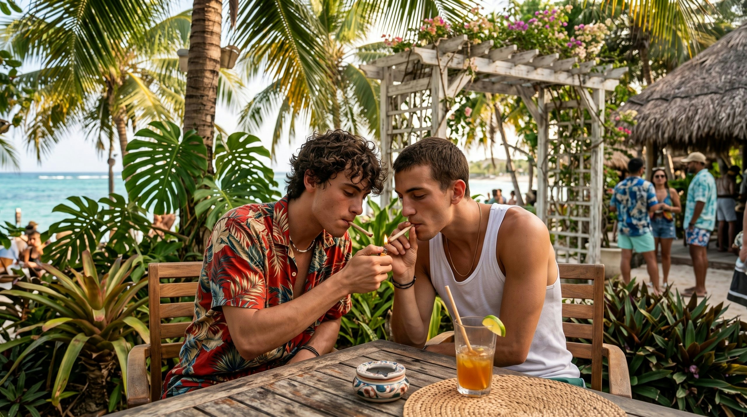 Two friends smoking a joint each in a tropical paradise