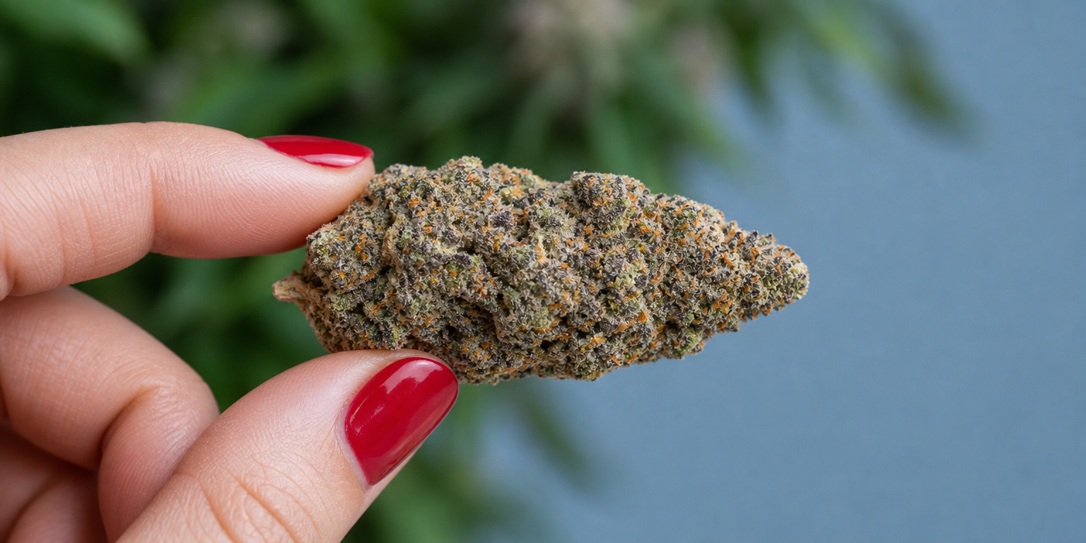 Woman’s hand with red nails holding a cannabis bud
