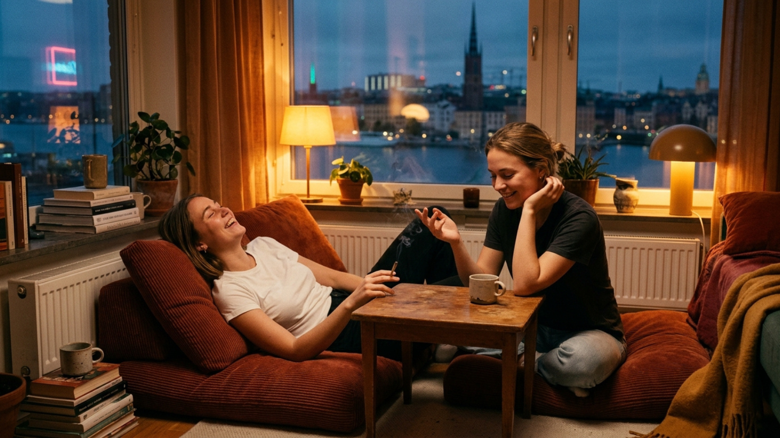 Women laugh on floor cushions, warm lamplight and city lights in background.