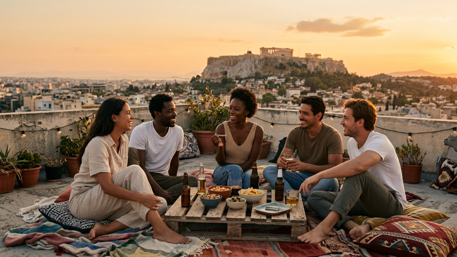 Rooftop cannabis gathering with friends, snacks, city skyline, golden sunset