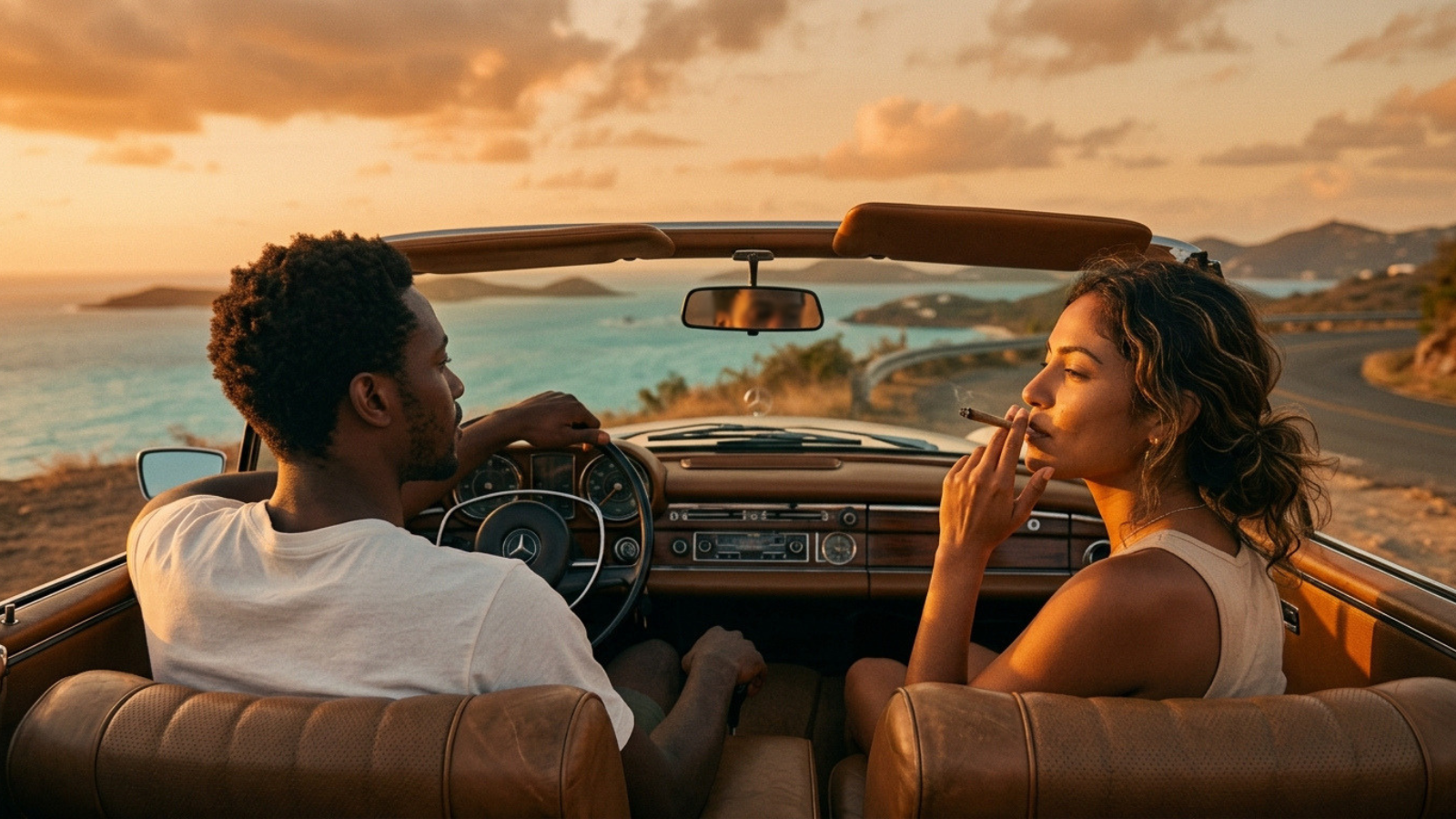 Couple sharing cannabis joint in convertible car at sunset overlook