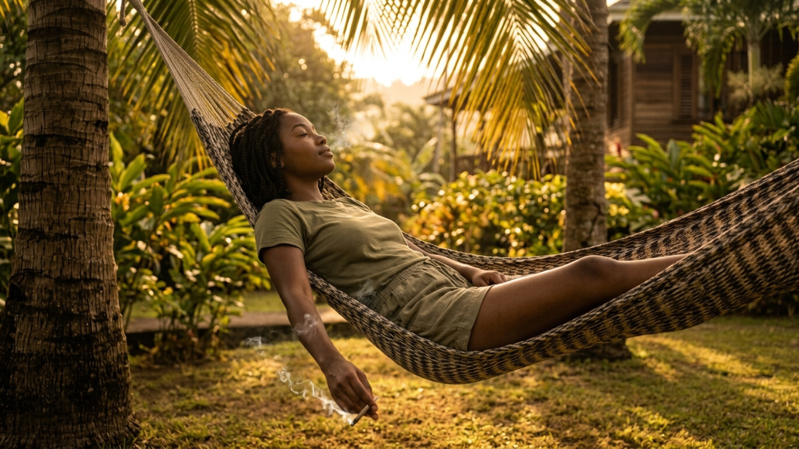Person relaxing in hammock between trees during golden hour outdoors