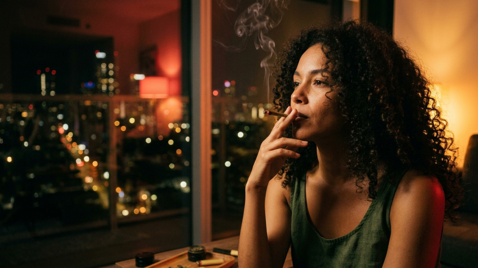 Woman smoking joint in apartment with city skyline view at night