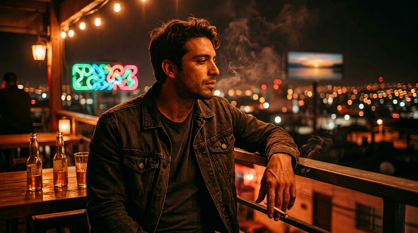 Man smoking joint beside rooftop window with downtown skyline view