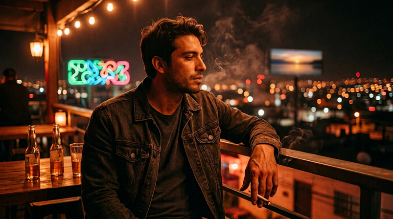 Man smoking joint beside rooftop window with downtown skyline view