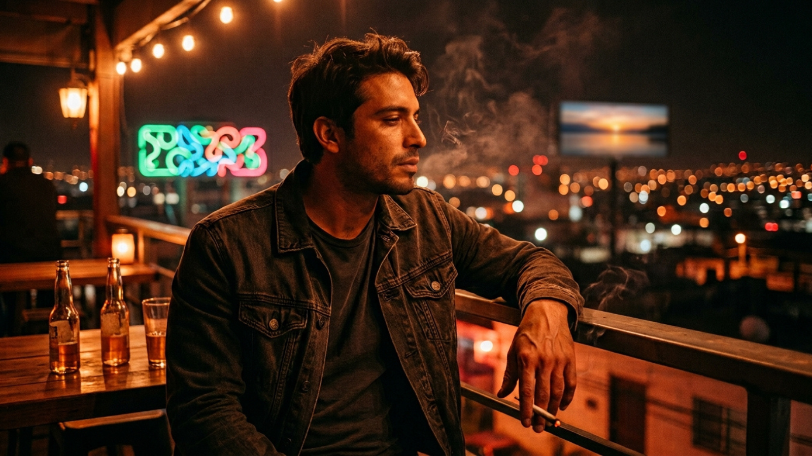Man smoking joint beside rooftop window with downtown skyline view