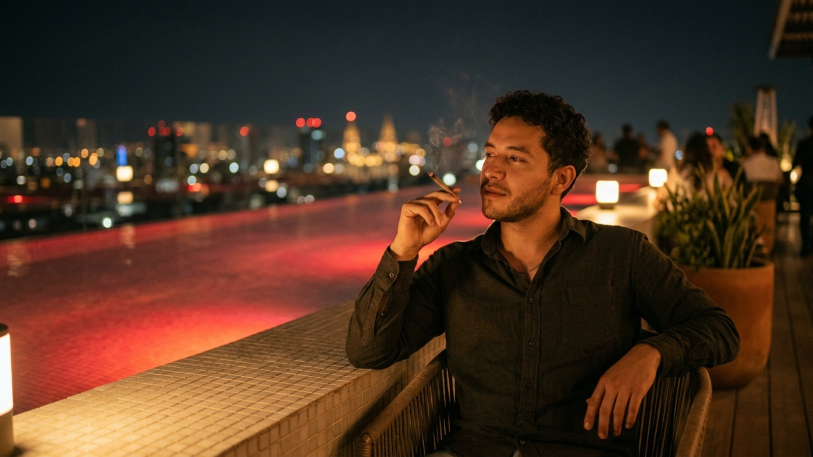 Hotel rooftop cannabis smoke with urban skyline and pool lights