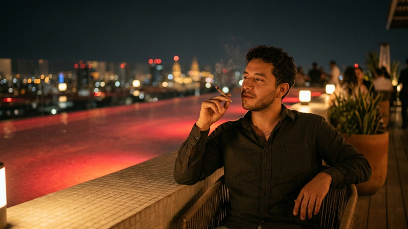 Hotel rooftop cannabis smoke with urban skyline and pool lights