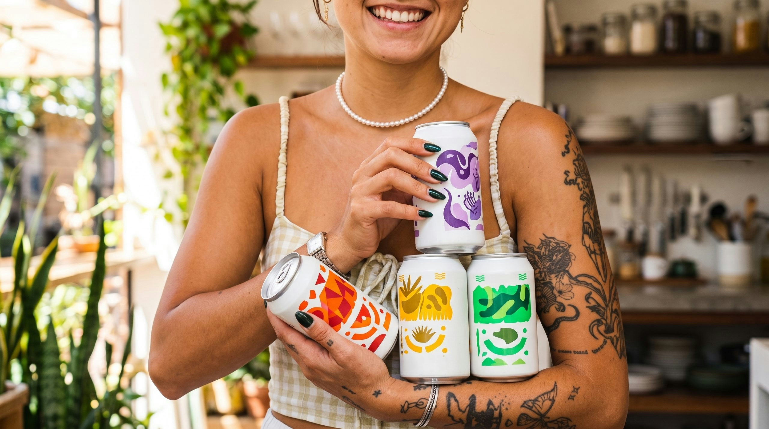 woman holding multiple beverage cans
