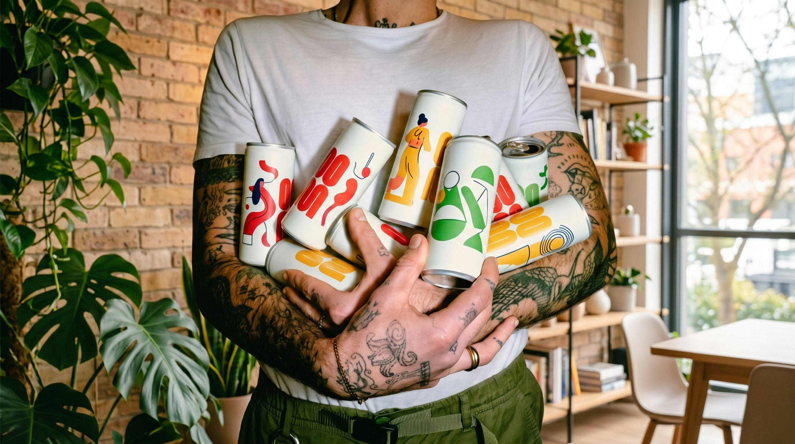 man holding a bunch of colorful cans