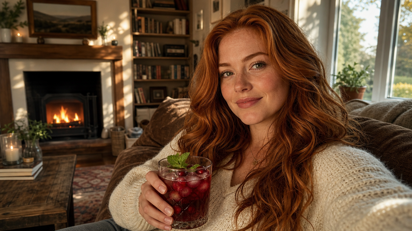 Woman with red hair enjoying cranberry juice while sitting in a cozy living room