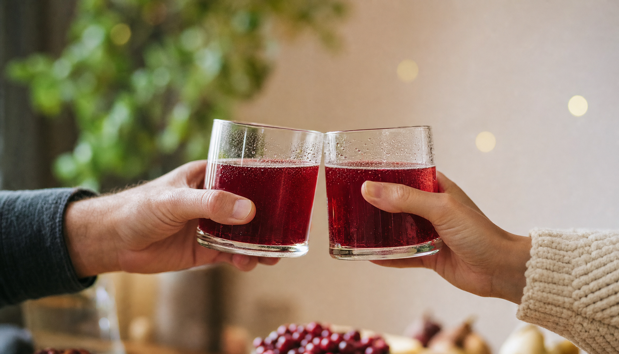 Two people toasting with glasses of cranberry juice