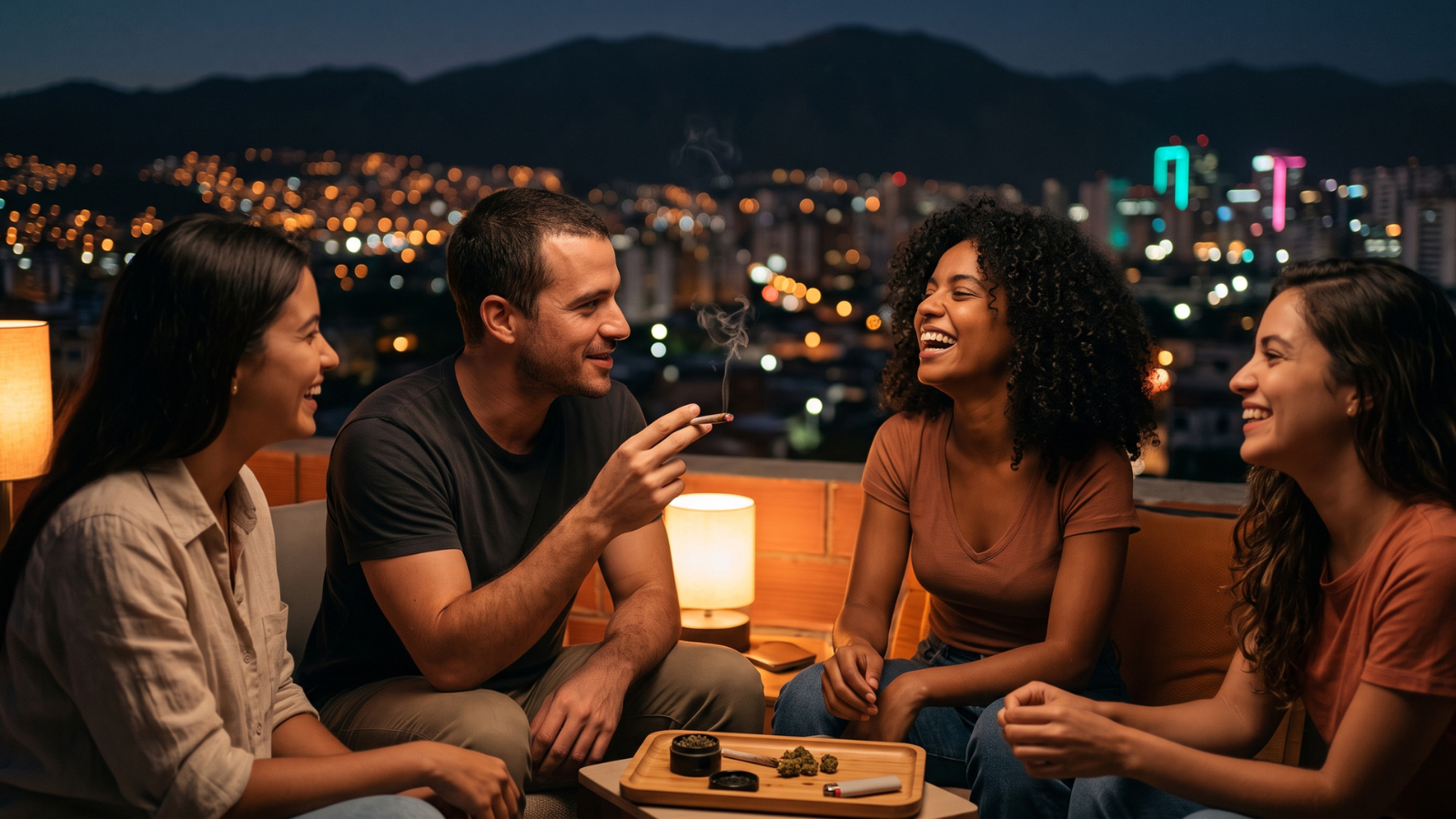Friends sharing a moment and laughing on a rooftop patio overlooking a city at golden hour.