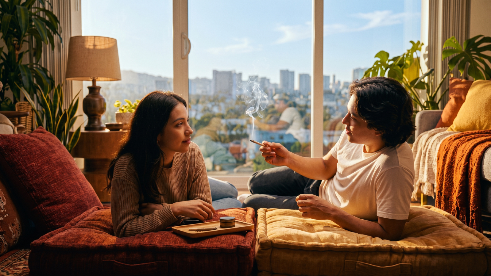 Young couple on floor cushions; man offers lit joint in bohemian apartment.