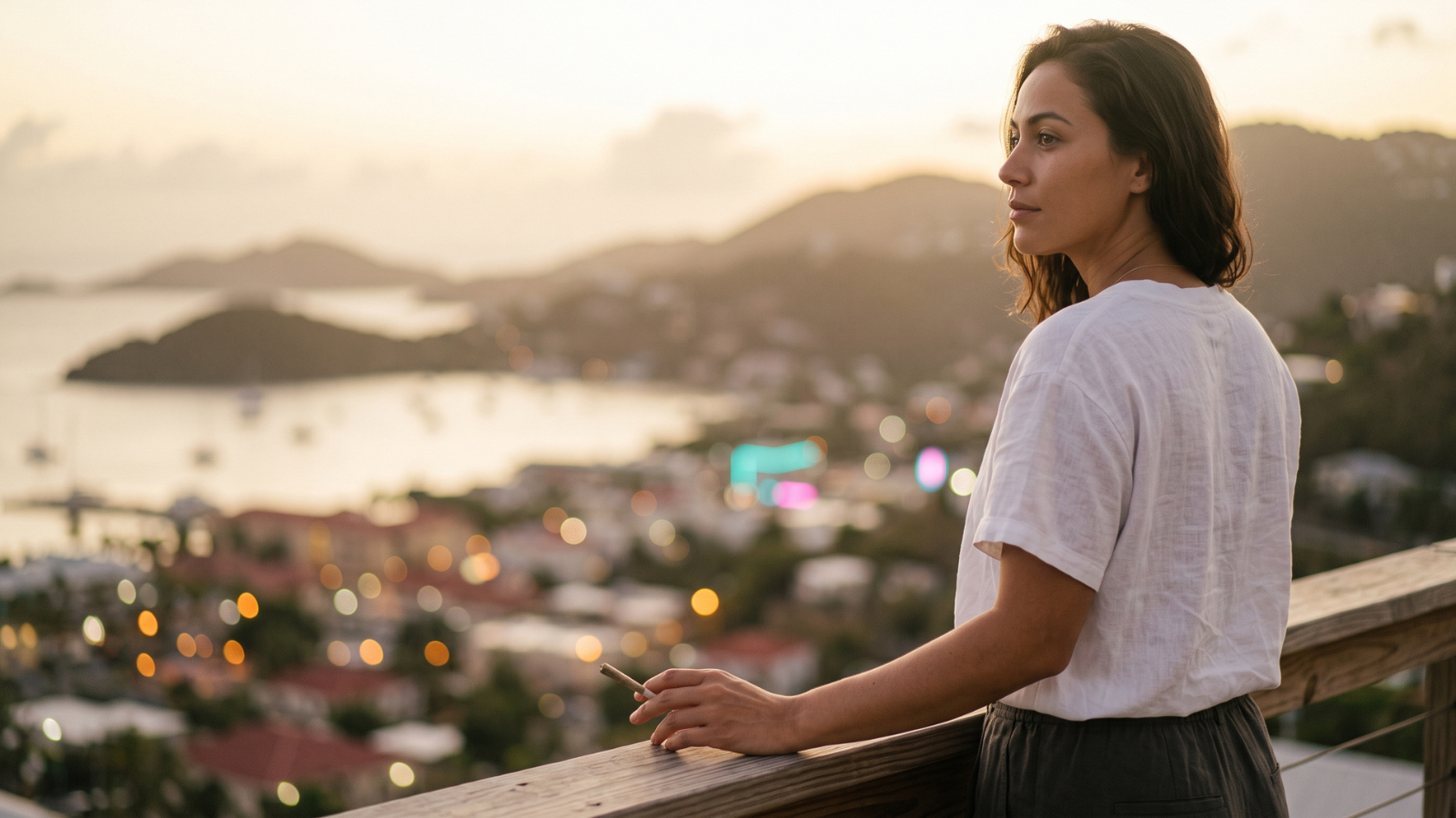Woman in white tee thoughtfully holds a joint over golden-hour city harbor.