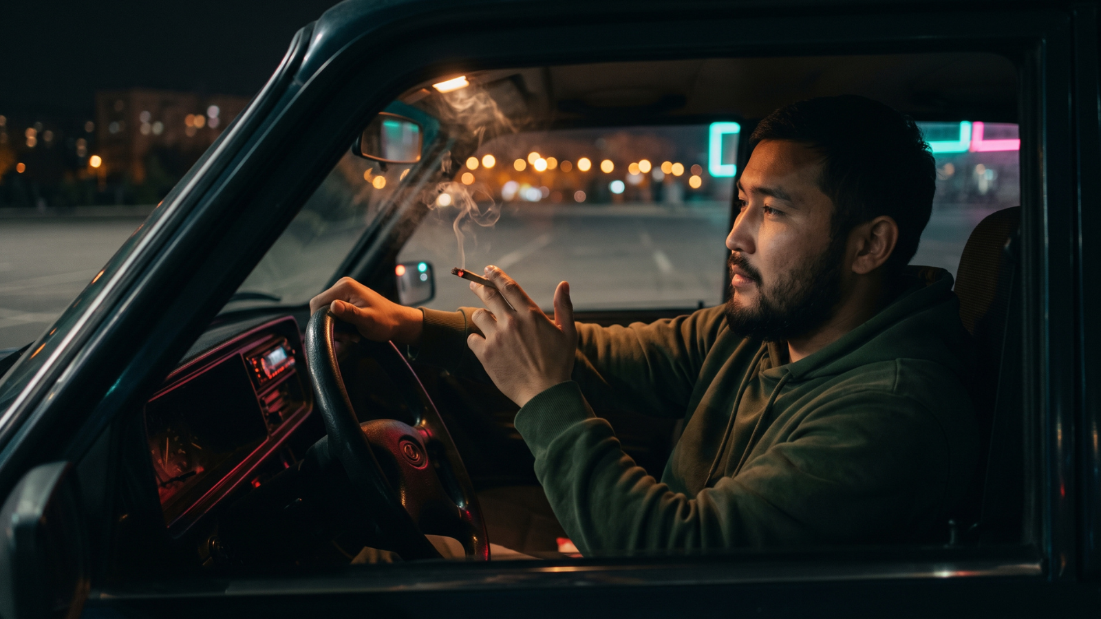 Man smoking a cannabis joint in parked car at night parking lot.