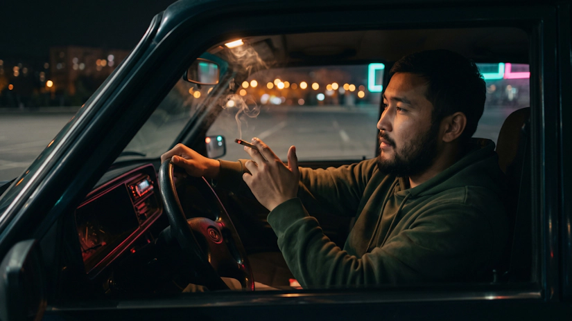 Man smoking a cannabis joint in parked car at night parking lot.