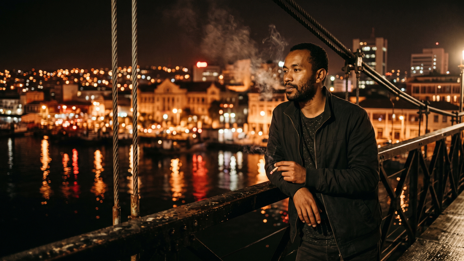 Single man smoking a joint on steel bridge during warm urban night.