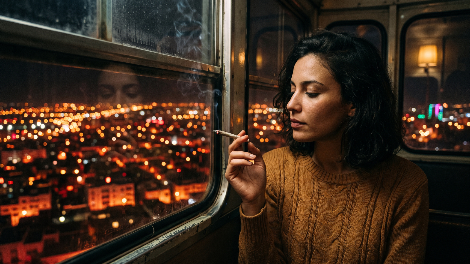 Woman smoking a joint in a cable car above illuminated city streets.
