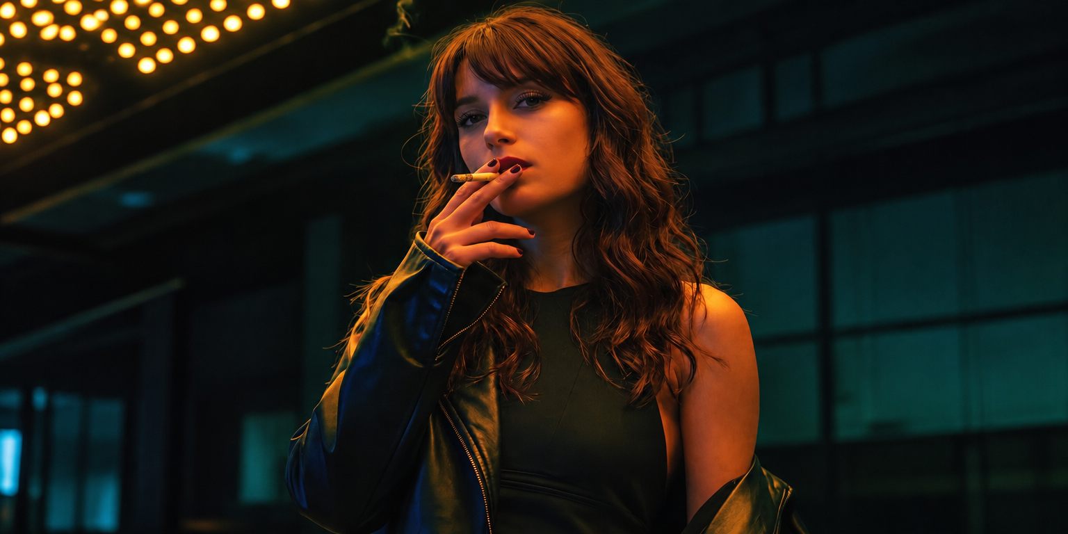 Cool woman with wavy brown hair smoking a cannabis joint