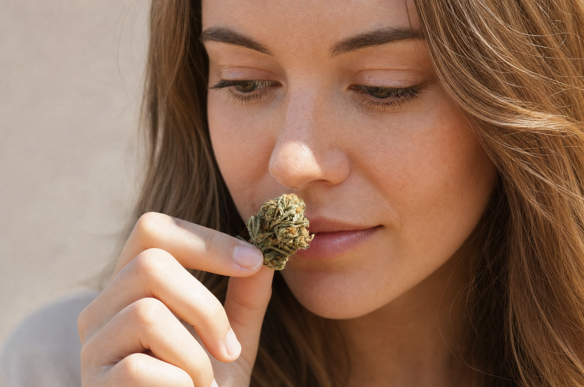 Woman holding a cannabis bud close to her face
