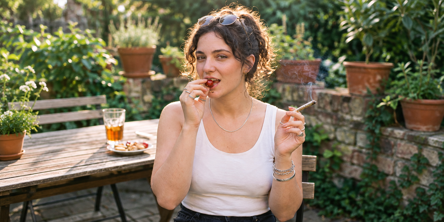 Woman enjoying a cannabis joint while relaxing in a garden