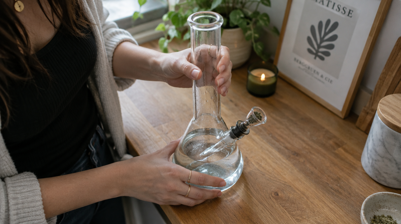 Woman holding a beaker bong with her hands