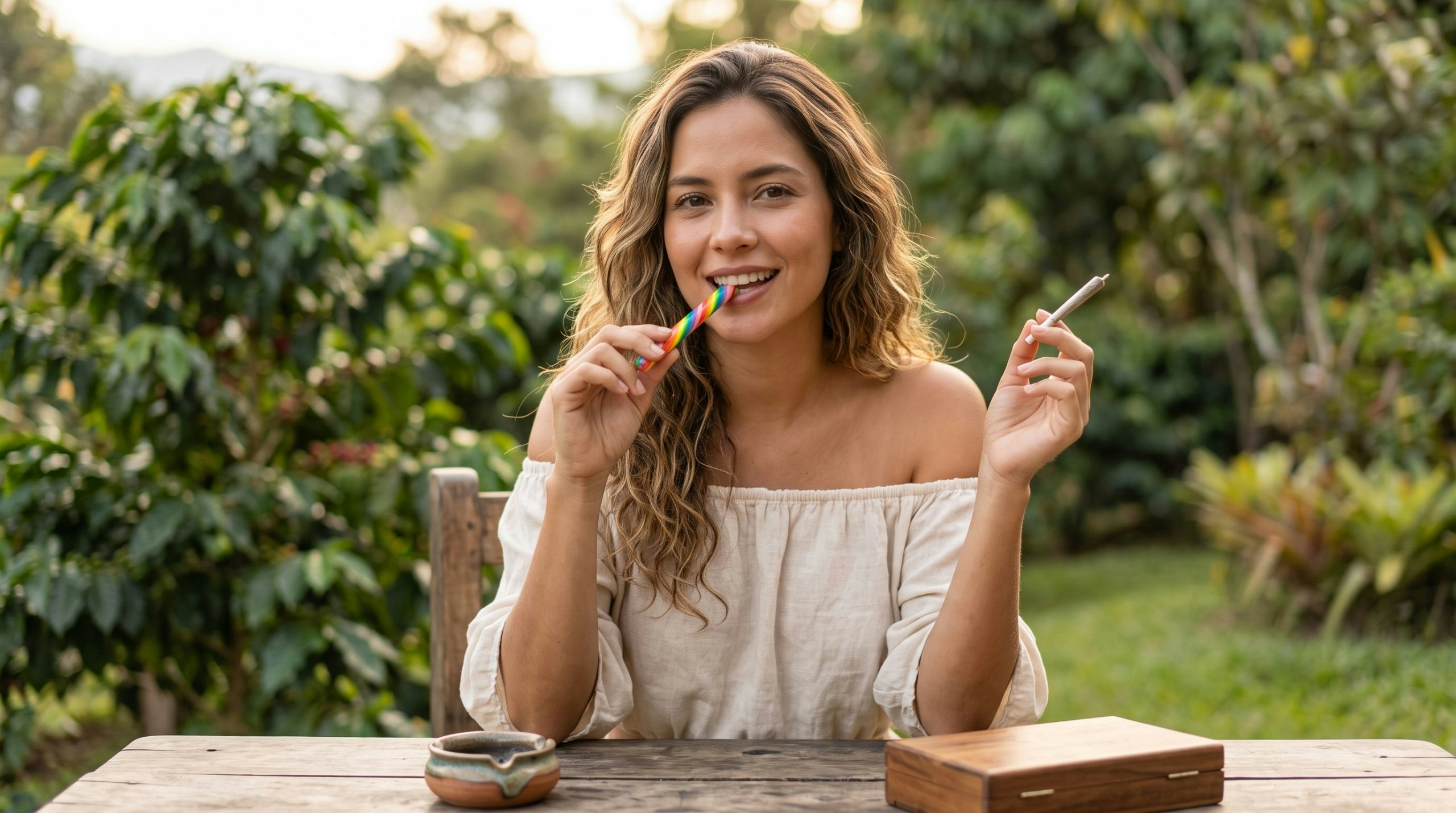 Woman holding a Rainbow Stick hard candy while smoking a cannabis joint