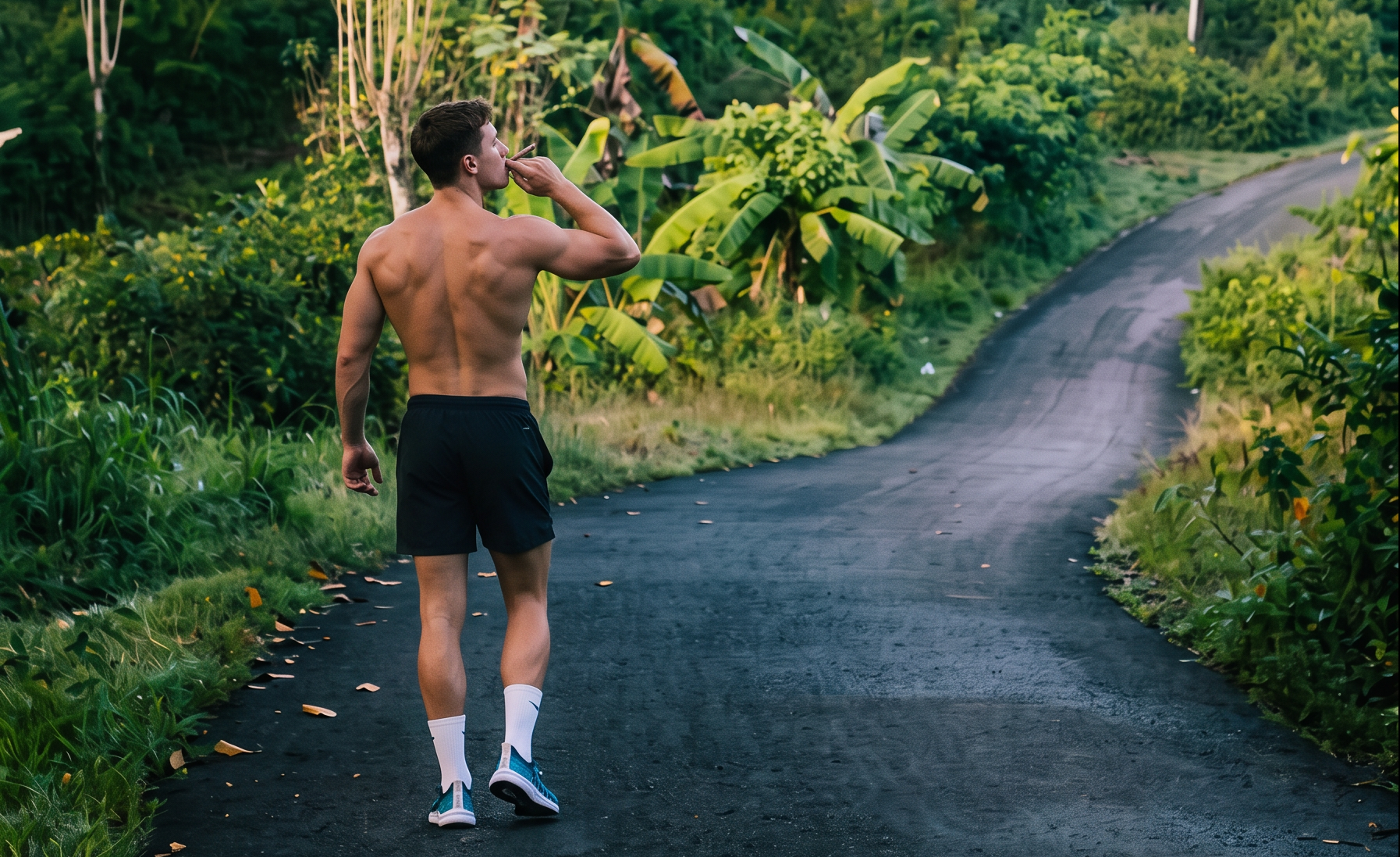 man smoking a joint while walking on nature