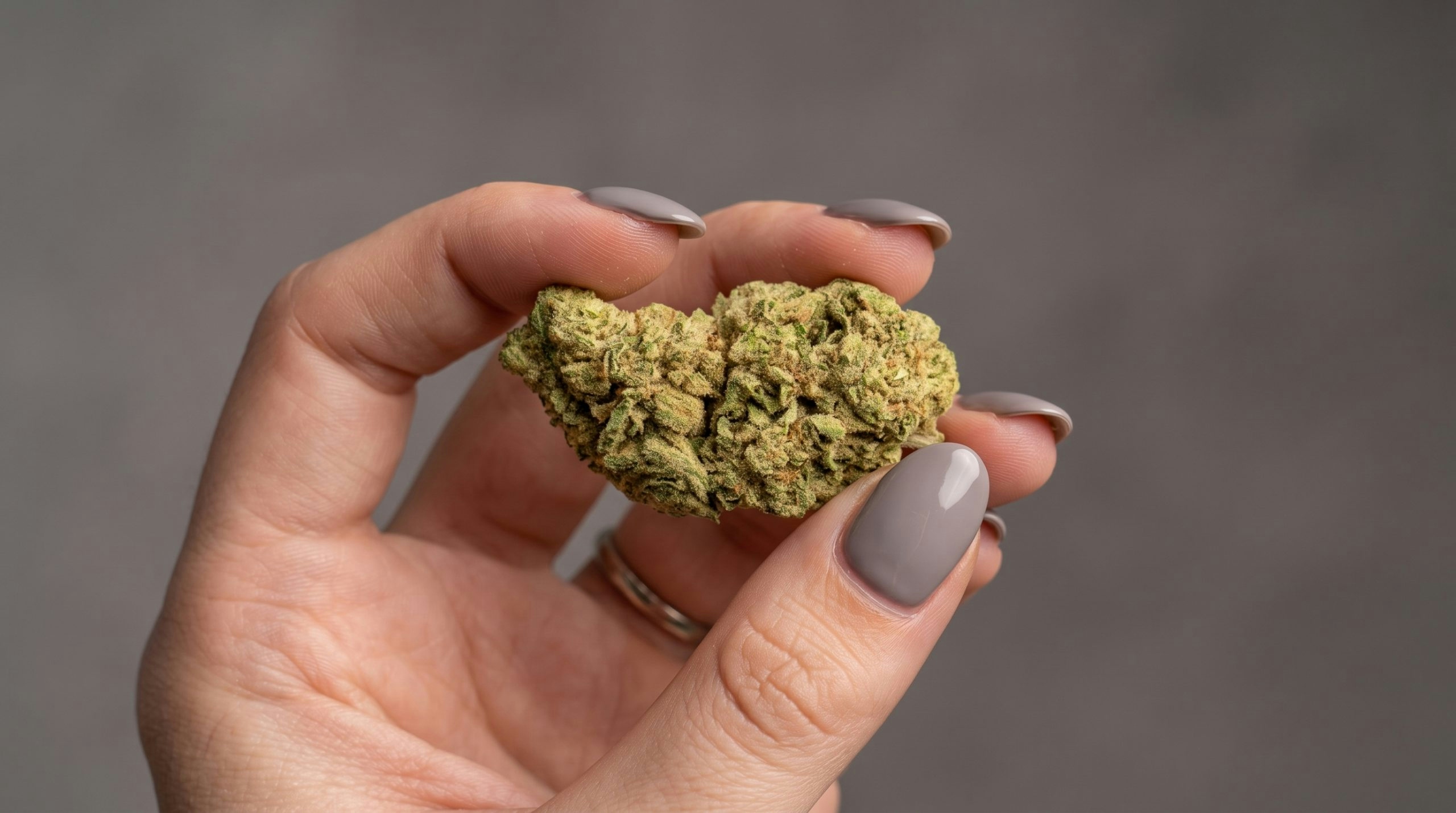 woman with grey nails holding a cannabis bud